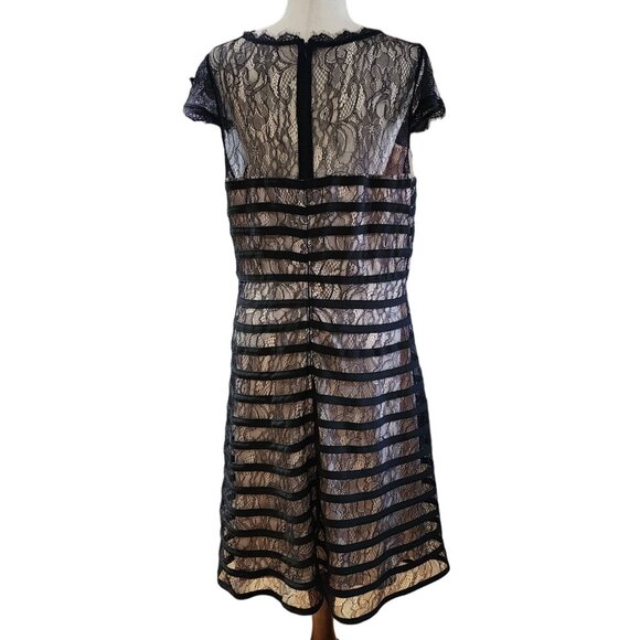 Adrianna Papell Lace Cocktail Midi Dress With Sheer Neck And Hem In Black Size L - Picture 2 of 14